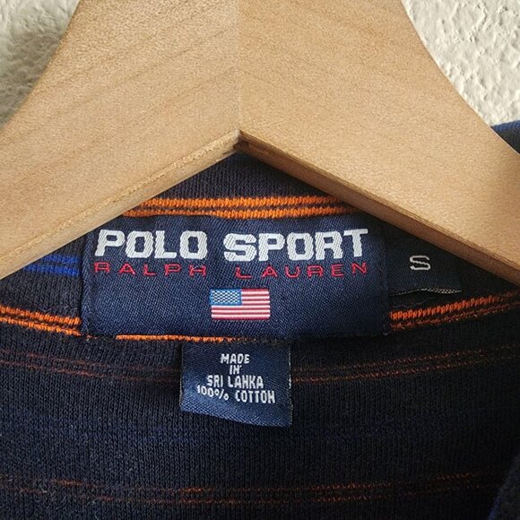 Polo Sport Ralph Lauren Polo Shirt Mens Small Navy Blue Orange Striped Flag - Picture 6 of 10